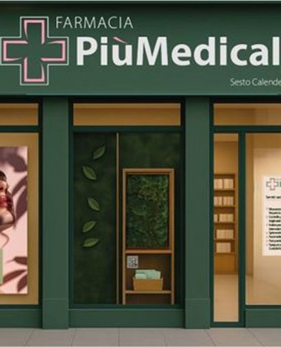 Farmacie Box Facciata della farmacia PiùMedical a Sesto Calende, con vetrina promozionale e insegna verde.