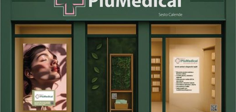 Facade of the Più Medical pharmacy in Sesto Calende, featuring a promotional storefront and green signage.