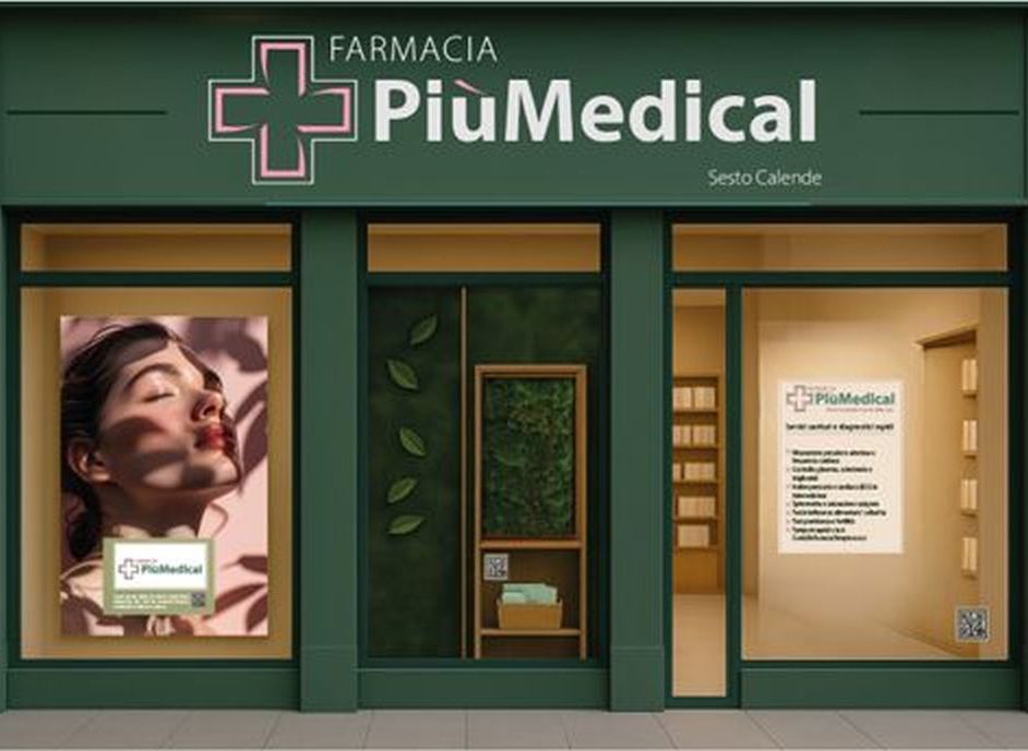 Facciata della farmacia PiùMedical a Sesto Calende, con vetrina promozionale e insegna verde.