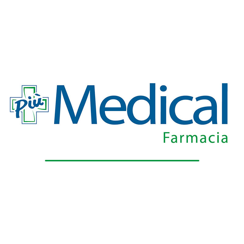 Logo della Farmacia Più Medical con simbolo della croce verde e testo in blu e verde su sfondo bianco.